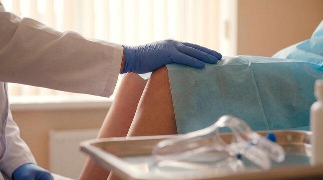 Doctor performing a gynecological exam with a speculum and sterile drape