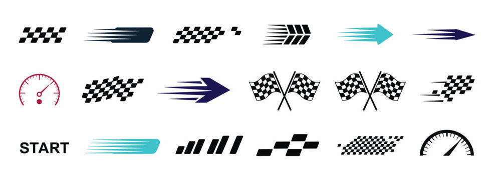 Racing Graphics Collection: A dynamic compilation of graphic elements featuring checkered flags, speed lines, arrows, and speedometer icons, perfect for designs related to racing and speed.