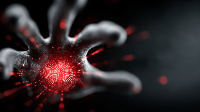 Digital virus attack visualization in cyber network with glowing red core and dark background