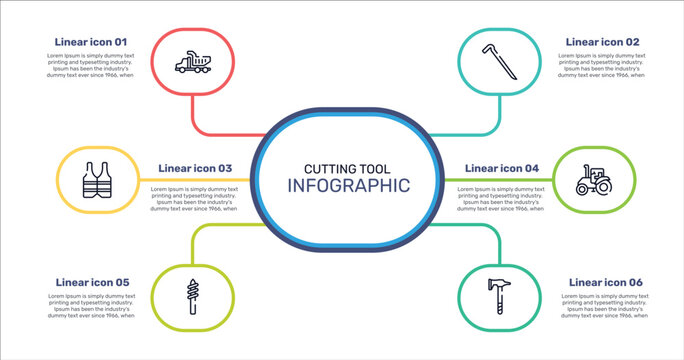 cutting tool outline icon set featuring tipper truck, crowbar, farm tractor, drill tip icons.