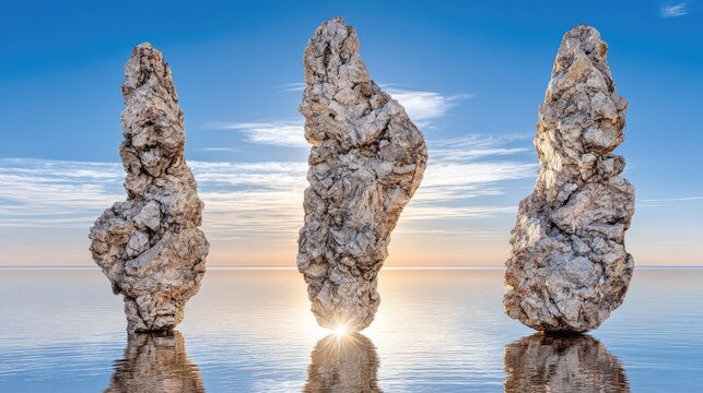 Three stone monoliths reflected in still ocean