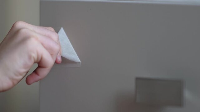 A teenager's hand removes tape from a drawer on a new desk and opens a shelf. High quality FullHD footage