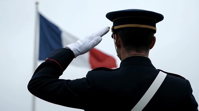 French police officer saluting the national flag of France during a formal ceremony outdoors.