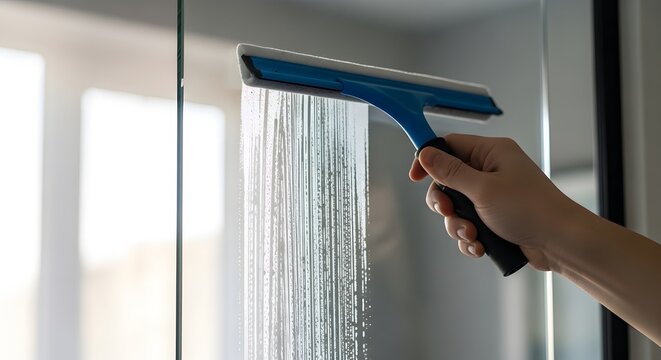 Hand cleaning glass surface with a squeegee, creating clean water streaks for a spotless finish