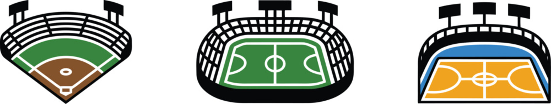 Set of three colorful sports stadium icons including baseball field soccer pitch and basketball court for athletic event design
