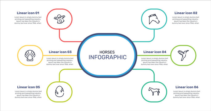 horses outline icon set featuring ghost, horse head, hummingbird, egg with a crack icons.