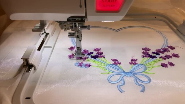 Close up of machine embroidery process creating a heart pattern with purple lavender flowers on white fabric.