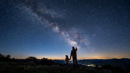 Fototapeta premium Father and child gazing at the starry sky in the mountains for Father's Day 