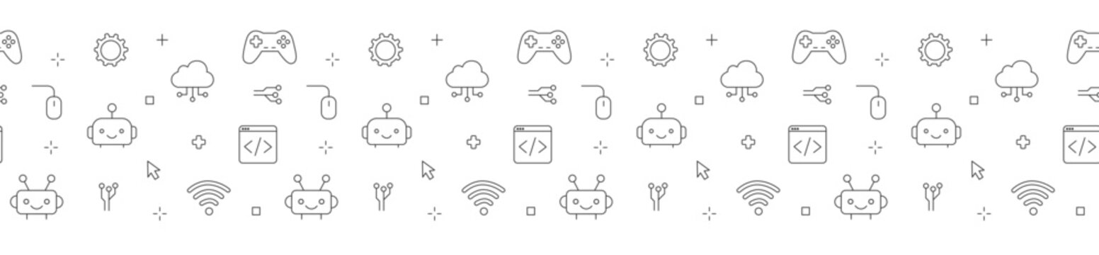 Horizontal seamless vector border with school coding, cloud tech, and robot faces. Science background layout for kids school stationery, website footer, and page divider.