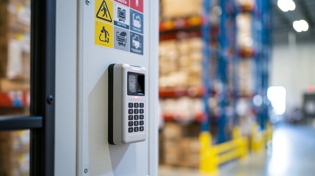 Focused biometric access control with fingerprint and digital keypad on a cold storage freight door showcasing safety markers and softly blurred industrial shelving behind.