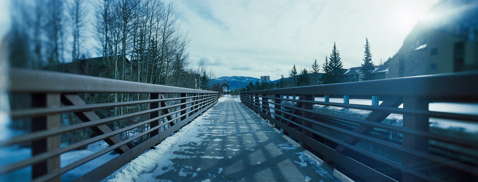 Panoramic bridge footpath over a river in Burlington, Vermont