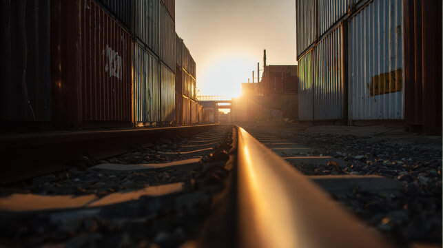 Sunset view over train tracks with shipping containers along the sides