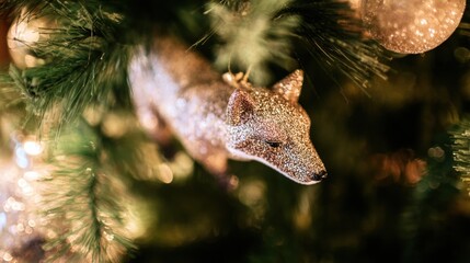 Obraz premium Decorative fox ornament hanging on a Christmas tree with lights and sparkles