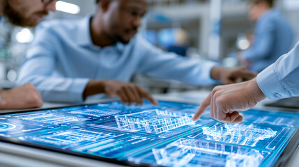 Fototapeta premium Digital twin of a construction project displayed on a large interactive screen with anonymous engineers discussing adjustments, clean lines and high contrast sci-fi concept,