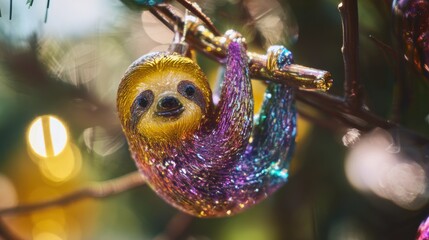 Fototapeta premium Colorful glass sloth ornament hanging from a Christmas tree branch