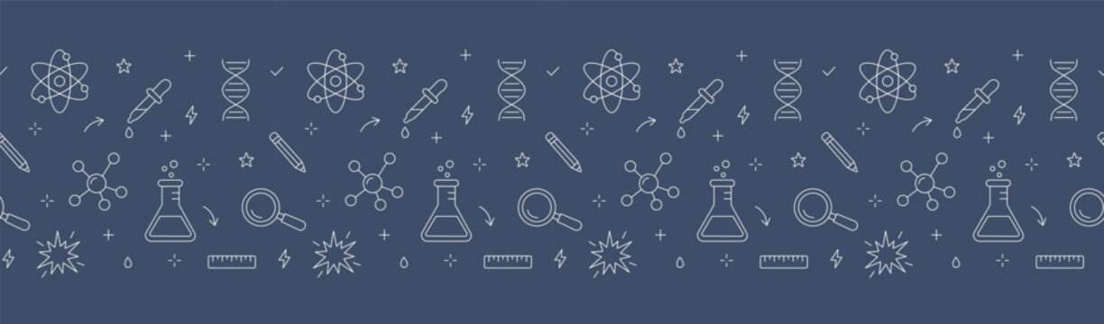School laboratory flasks, atom models, DNA helixes, and pipettes forming a decorative divider for kids STEM class. Educational graphics for chemistry textbooks, dark blue and white seamless pattern.