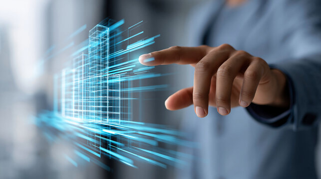 Building information modeling concept with a faceless human hand touching a digital processor interface, optimizing construction workflow and engineering efficiency concept,