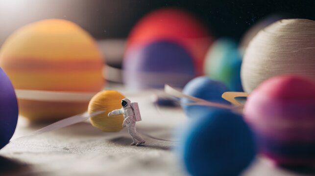 Small astronaut explores colorful planets on a table during a creative project