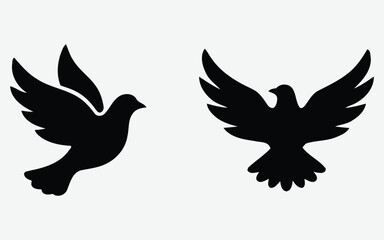 Fototapeta premium Bird silhouettes in black depicting a dove and an eagle against a light gray background avian birds feather feathers flight flying