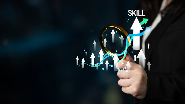 Business Growth Concept with Magnifying Glass and Skill Development in Professional Scene for Financial Success and Market Analysis Haptic.
