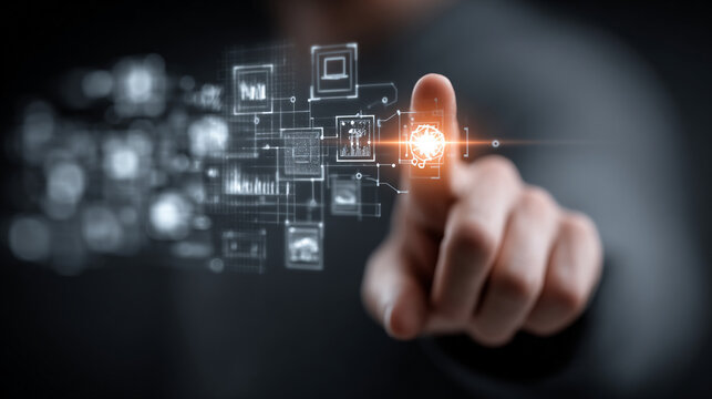 Human hand touching digital AI brain interface with circuit network technology and glowing connection points