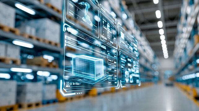 Smart logistics warehouse digital twin displaying inventory flow, robot path planning, and bay occupancy data on a central holographic operations screen, supply chain technology