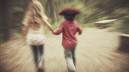 Obraz premium Two children hold hands and run through a forest path
