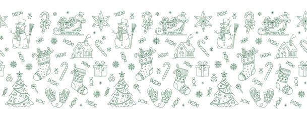 Fototapeta premium Christmas doodle seamless horizontal banner with snowman, sled, candy cane and gifts. For web headers, gift wrap, packaging and social media.