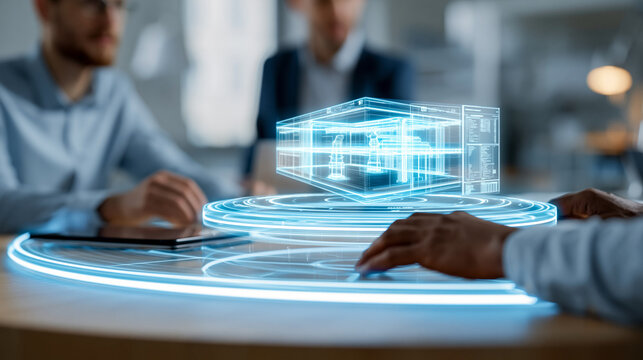 Futuristic BIM coordination meeting with anonymous engineers reviewing a clash-detection report on a holographic model above a round table, collaborative construction technology