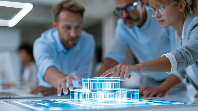 Anonymous team discussing a glowing digital property model in a concrete tech showroom, proptech smart real estate and digital twin design concept, faceless, defocused, with copy