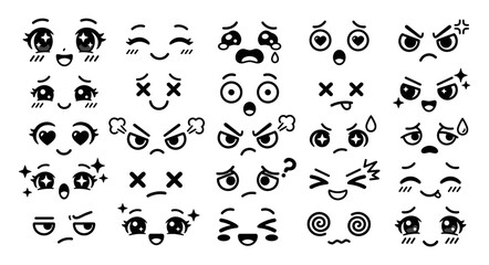 Fototapeta premium Set of cute expressive black and white kawaii style cartoon faces showing various emotions and moods on transparent background