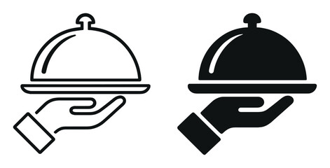 Hand holding cloche or food serving tray icon set in black and outline style on transparent background © Yehor
