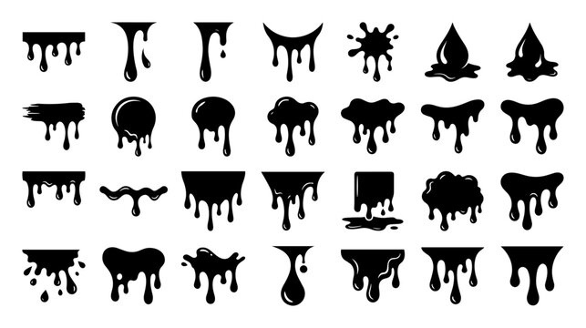 Set of black liquid drip and splash icons in various shapes and forms isolated on white background on transparent background