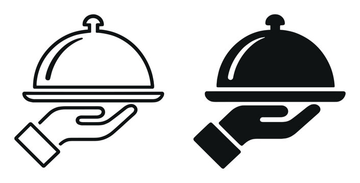 Hand holding cloche or food serving tray icon set in black and outline style on transparent background