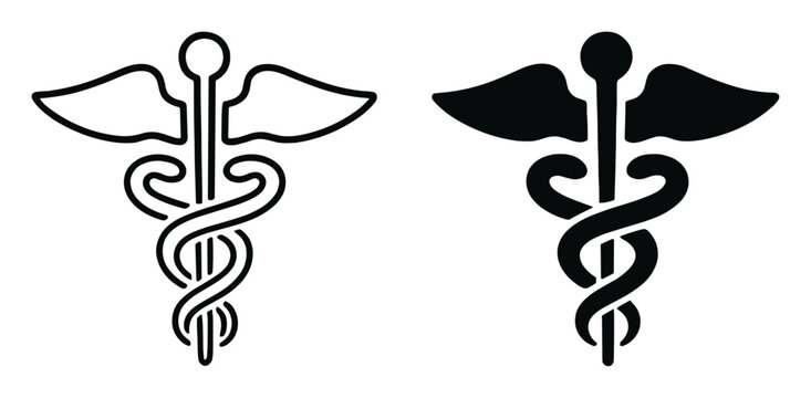 Black and white medical caduceus symbol icons with winged staff and entwined snakes on transparent background