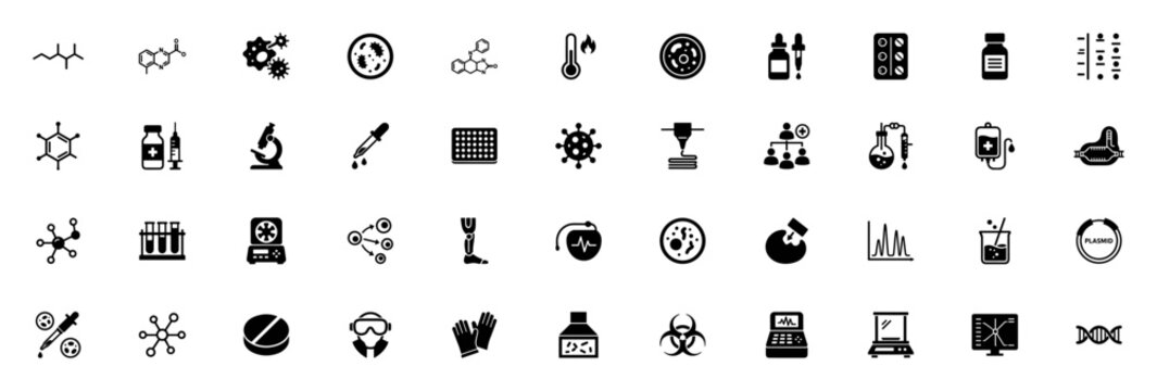 Set of black science and laboratory icons including microscope, chemistry, virus, dna, petri dish, pill, syringe, test tube, bio hazard, and research symbols on transparent background