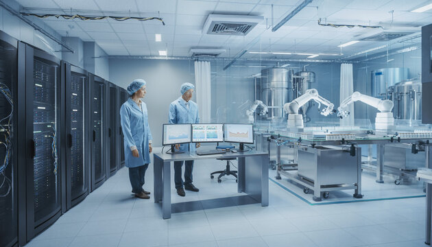 Scientists in a High-Tech Pharmaceutical Facility Monitoring Automated Robotic Arms and Data Center in a Modern Laboratory Cleanroom.
