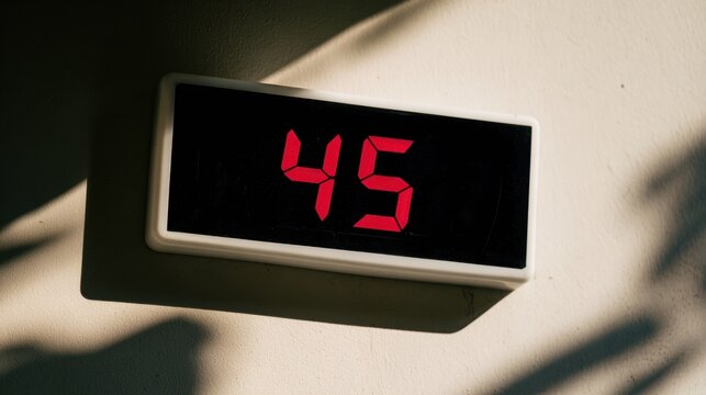 Electronic temperature display showing 45&deg;C in bright red digits, highlighting extreme heat, hot weather, summer climate, and heatwave conditions.