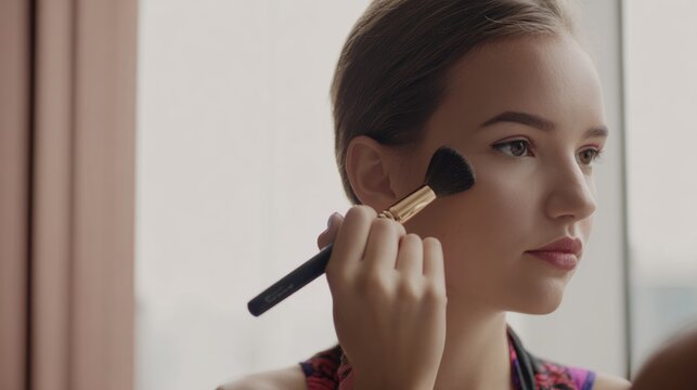 Model prepares for a photoshoot while makeup artist applies blush indoors