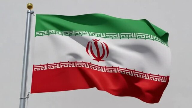Waving flag of iran against a light grey sky background