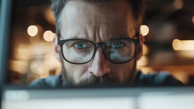 Stressed male accountant watching automated spreadsheet in corporate office - Concept of job automation  