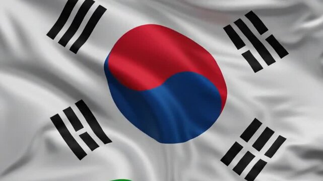 Waving flag of south korea, official national symbol of the republic of korea with red and blue taegeuk and black trigrams on white background