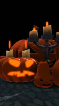 Seamless vertical video of pumpkins and candles on a black background. Halloween backdrop. Camera scroll.
