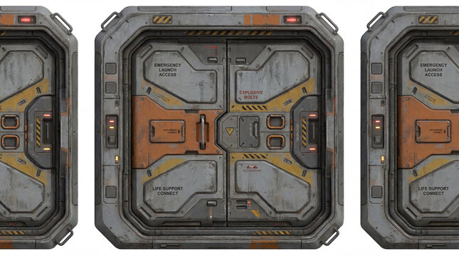 Sci-Fi Blast Door with Industrial Orange Panels and Mechanical Lock

Description: Futuristic heavy military blast door or armored bulkhead featuring an industrial orange and grey color scheme. Designe