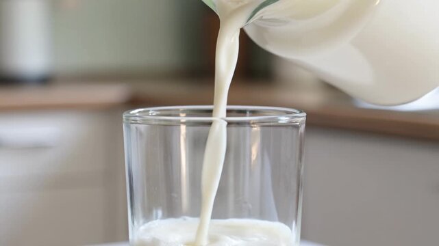 Pouring fresh cold milk from glass pitcher into a glass in kitchen