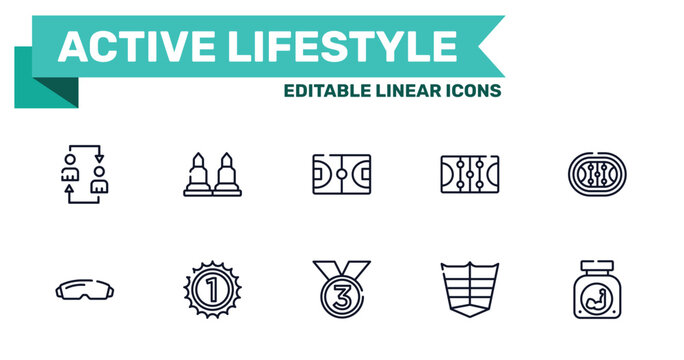 active lifestyle outline icon set featuring substitution, munition, third place, abs icons.