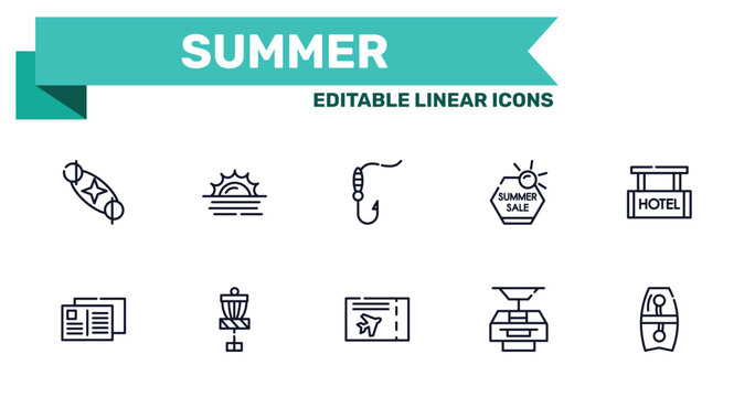 summer outline icon set featuring solstice, sun at sea, plane ticket, funicular icons.