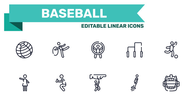baseball outline icon set featuring fitness ball, rhythmic gymnastics, rappel, flyboard icons.