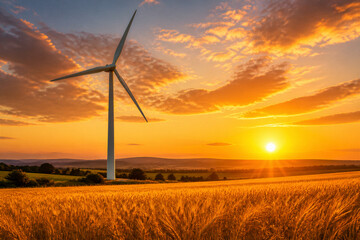 Obraz premium Single wind turbine standing in wheat field at sunset golden landscape