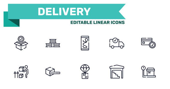 delivery outline icon set featuring package checking, containers, parachute box, stack in depot icons.